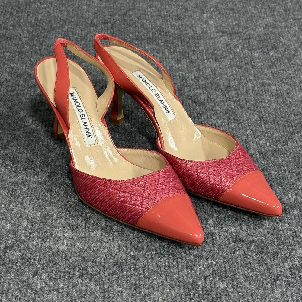 Manolo Blahnik Slingback Heels Womens 5 Pink Capsli Raffia Leather Italy Shoes